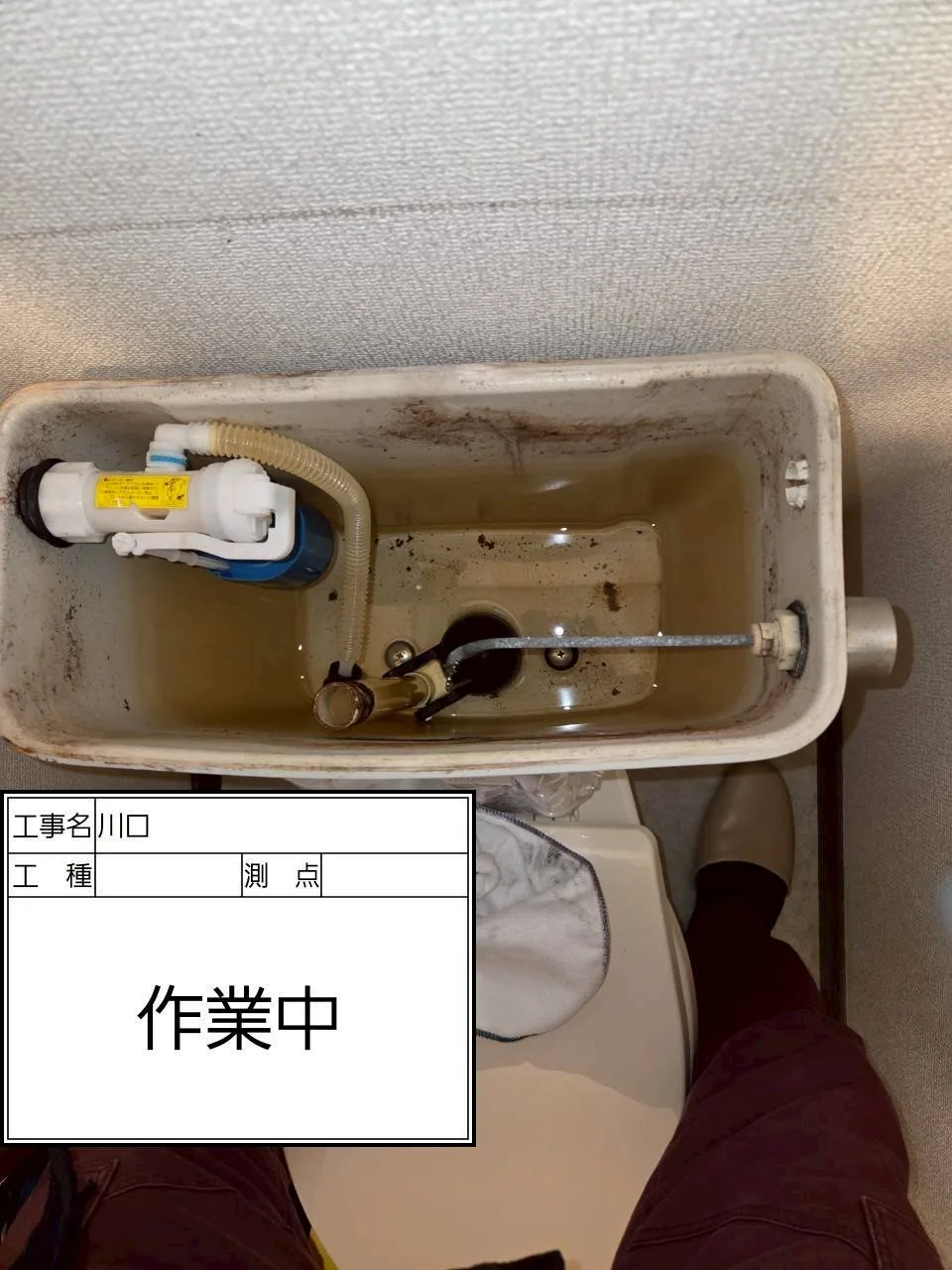 川口市 トイレ水漏れ修理作業中のタンク内部の様子（1枚目）